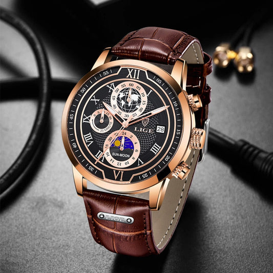 Premium Men's Quartz Watch with Brown Leather Strap