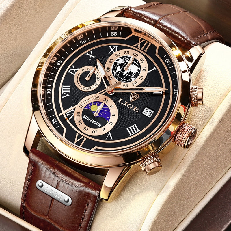Premium Men's Quartz Watch with Brown Leather Strap