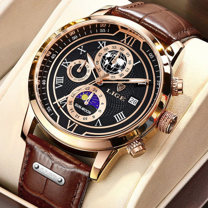 Premium Men's Quartz Watch with Brown Leather Strap