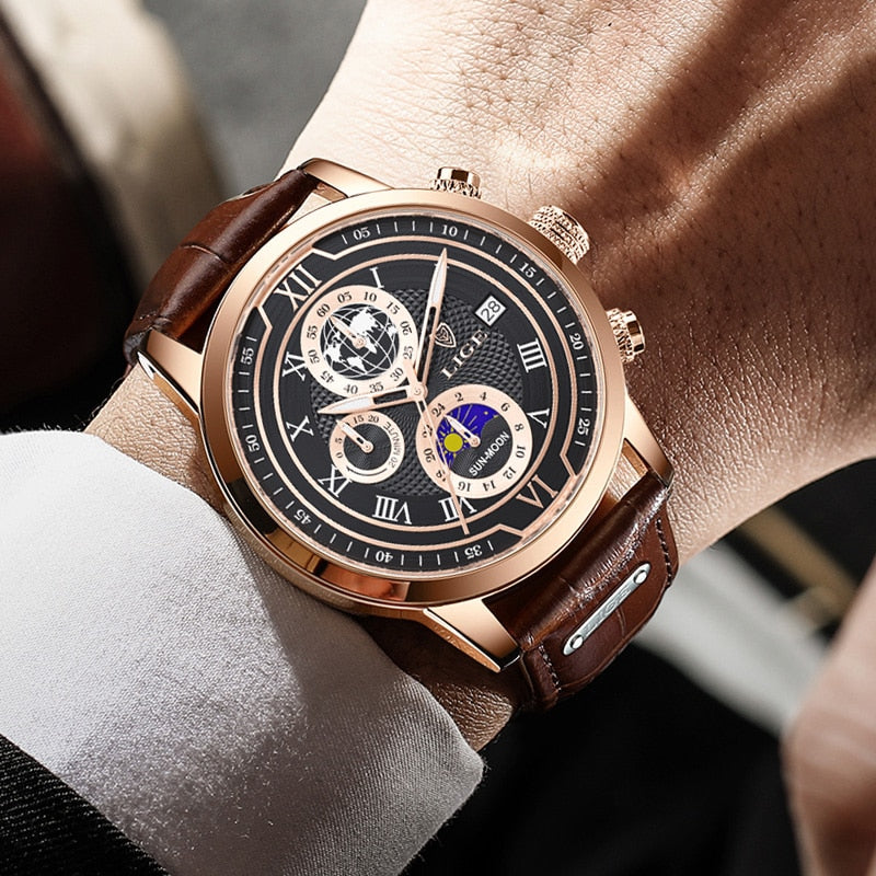Premium Men's Quartz Watch with Brown Leather Strap